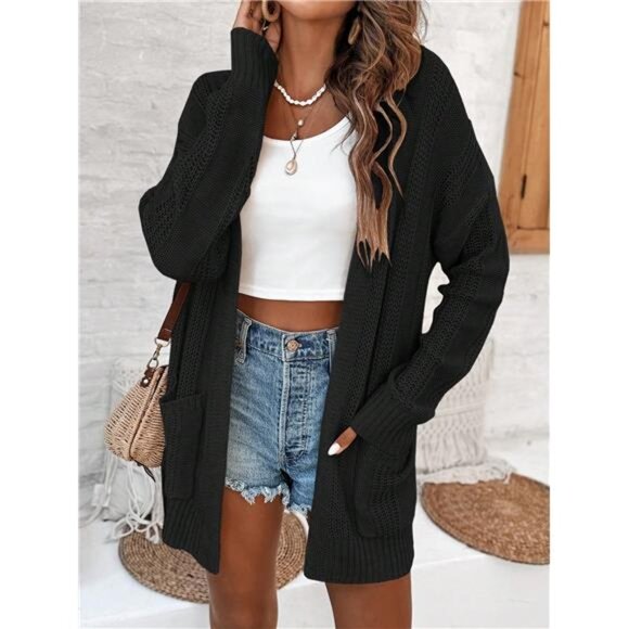 Women's Solid Color Drop Shoulder Long Sleeve Cardigan With Double Pockets - Picture 1 of 6